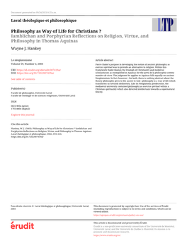 Philosophy As Way of Life for Christians ? Iamblichan and Porphyrian Reflections on Religion, Virtue, and Philosophy in Thomas Aquinas Wayne J