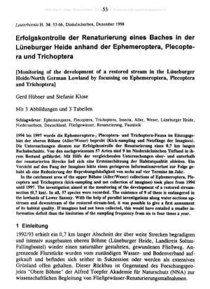 Erfolgskontrolle Der Renaturierung Eines Baches in Der Lüneburger Heide Anhand Der Ephemeroptera, Plecopte- Ra Und Trichoptera