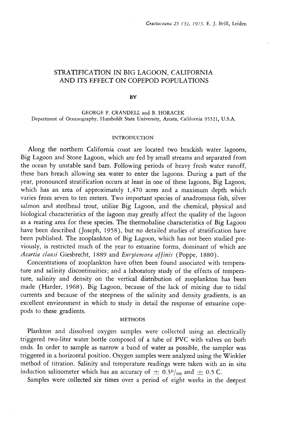 Stratification in Big Lagoon, California and Its Effect on Copepod Populations