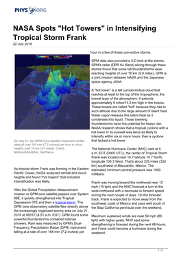 NASA Spots "Hot Towers" in Intensifying Tropical Storm Frank 22 July 2016