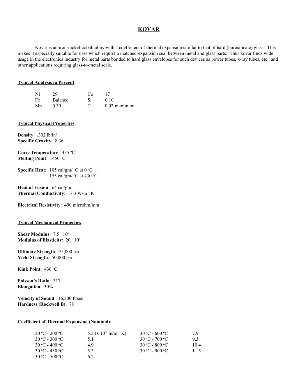 Properties of Kovar