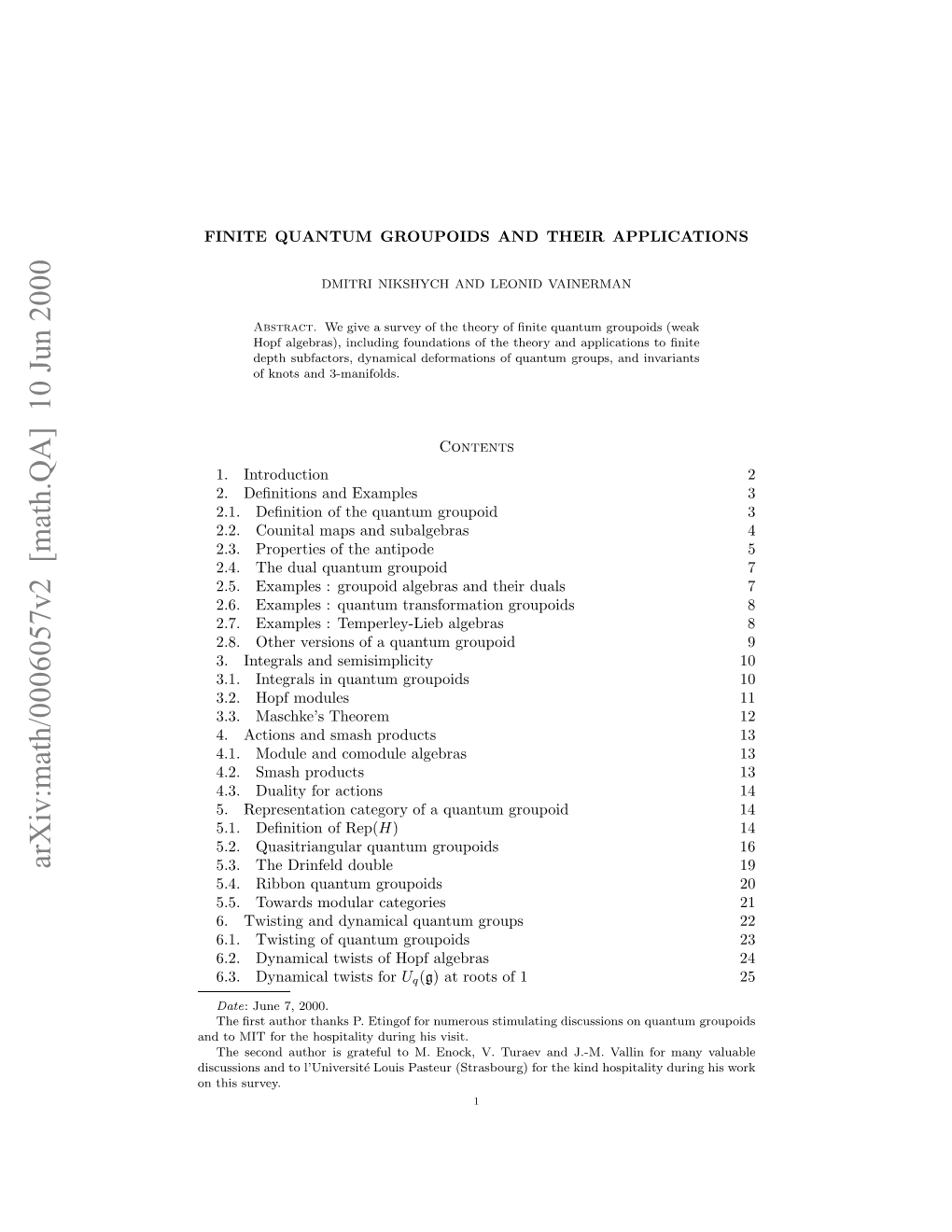 Arxiv:Math/0006057V2 [Math.QA] 10 Jun 2000 N Omtfrtehsiaiydrn I Visit