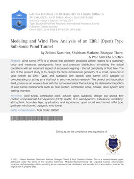 Modeling and Wind Flow Analysis of an Eiffel (Open) Type Sub-Sonic Wind Tunnel by Zelieus Namirian, Shubham Mathure, Bhargavi Thorat & Prof