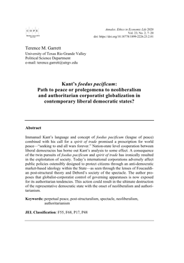 Kant's Foedus Pacificum: Path to Peace Or Prolegomena to Neoliberalism