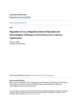 Regulation of Cra, a Regulatory Gene of Glycolytic and Gluconeogenic Pathways in Salmonella Enterica Serovar Typhimurium