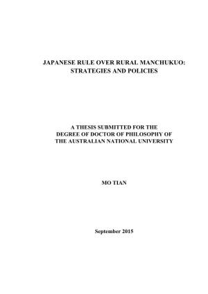 Japanese Rule Over Rural Manchukuo: Strategies and Policies