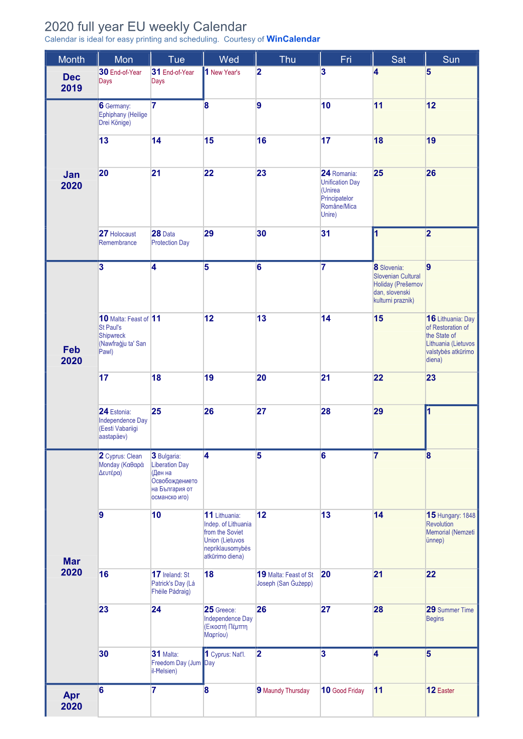 2020 Weekly Calendar