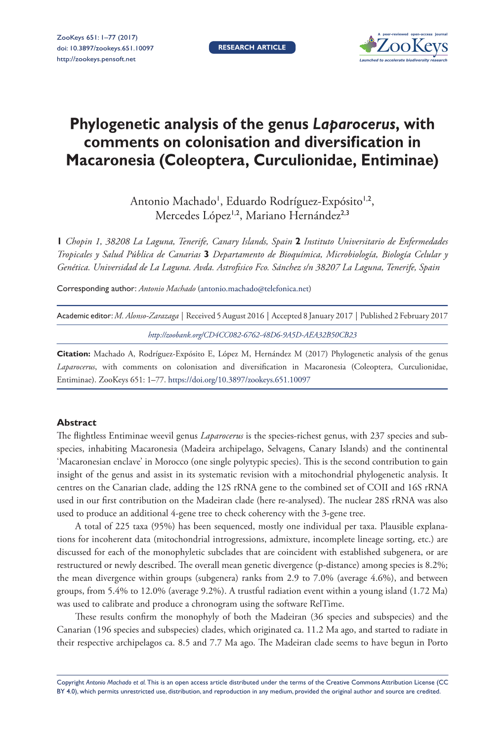 Phylogenetic Analysis of the Genus Laparocerus, with Comments on Colonisation and Diversification in Macaronesia (Coleoptera, Curculionidae, Entiminae)