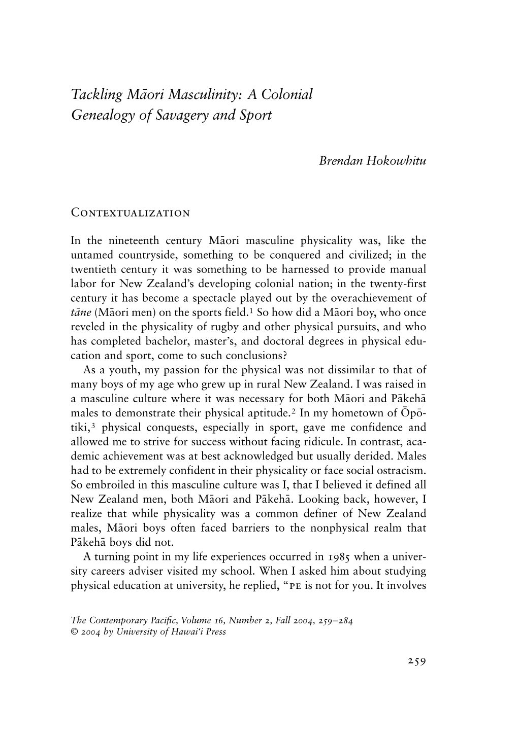 Tackling Mäori Masculinity: a Colonial Genealogy of Savagery and Sport