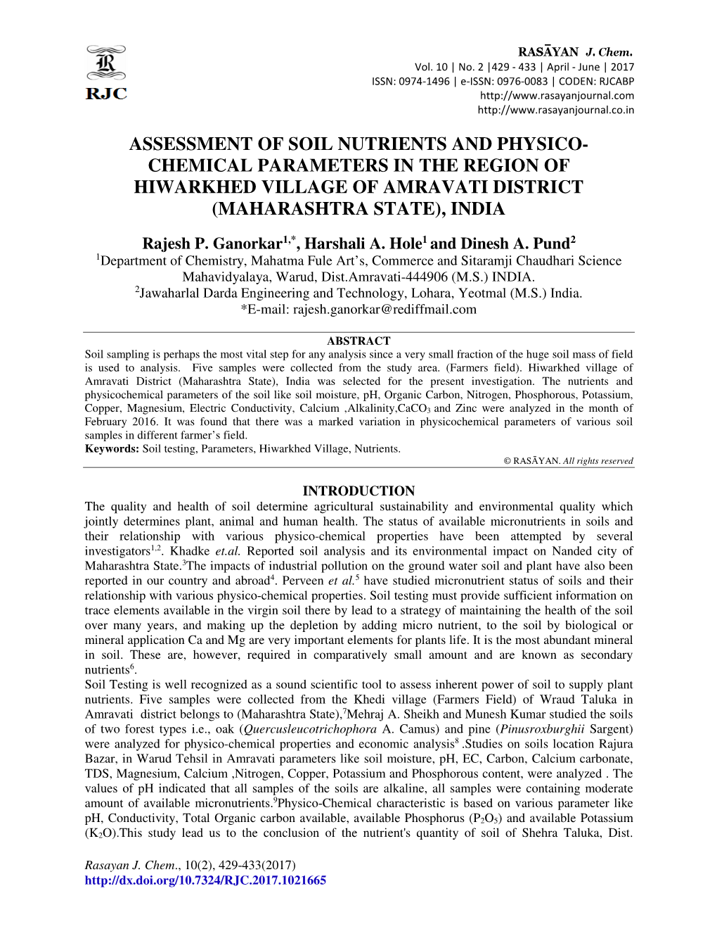 Assessment of Soil Nutrients and Physico- Chemical Parameters in the Region of Hiwarkhed Village of Amravati District (Maharashtra State), India