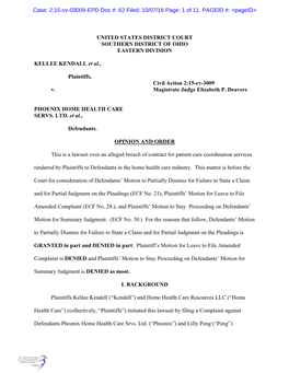 UNITED STATES DISTRICT COURT SOUTHERN DISTRICT of OHIO EASTERN DIVISION KELLEE KENDALL Et Al., Plaintiffs, Civil Action 2:15-Cv