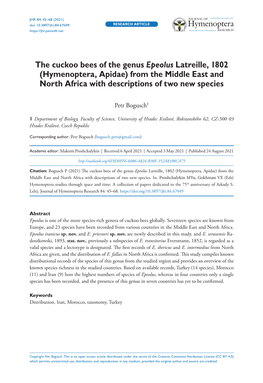 The Cuckoo Bees of the Genus Epeolus Latreille, 1802 (Hymenoptera, Apidae) from the Middle East and North Africa with Descriptions of Two New Species