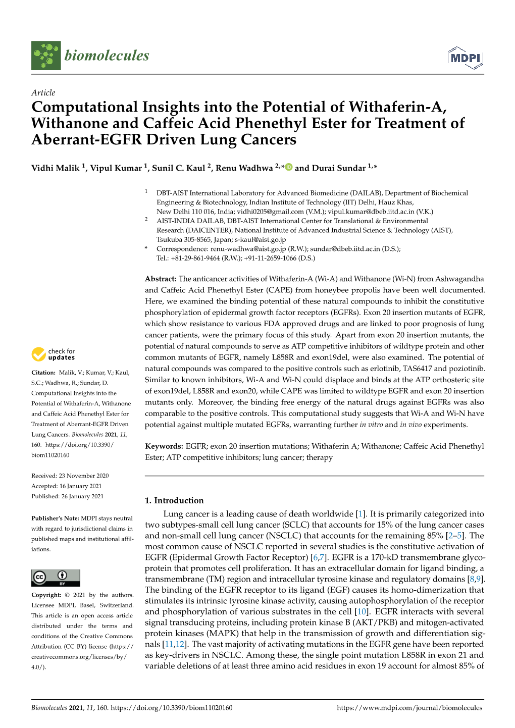 Computational Insights Into the Potential of Withaferin-A, Withanone and Caffeic Acid Phenethyl Ester for Treatment of Aberrant-EGFR Driven Lung Cancers