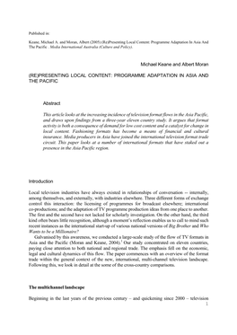 1 Michael Keane and Albert Moran (RE)PRESENTING LOCAL CONTENT: PROGRAMME ADAPTATION in ASIA and the PACIFIC Abstract This Artic