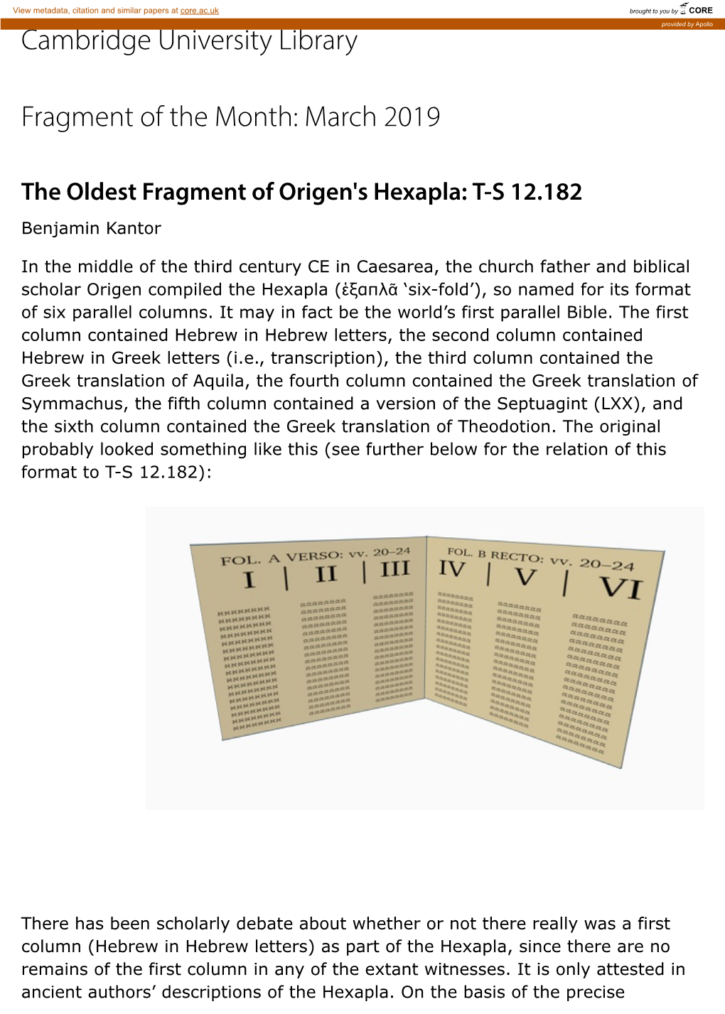 Of Origen's Hexapla