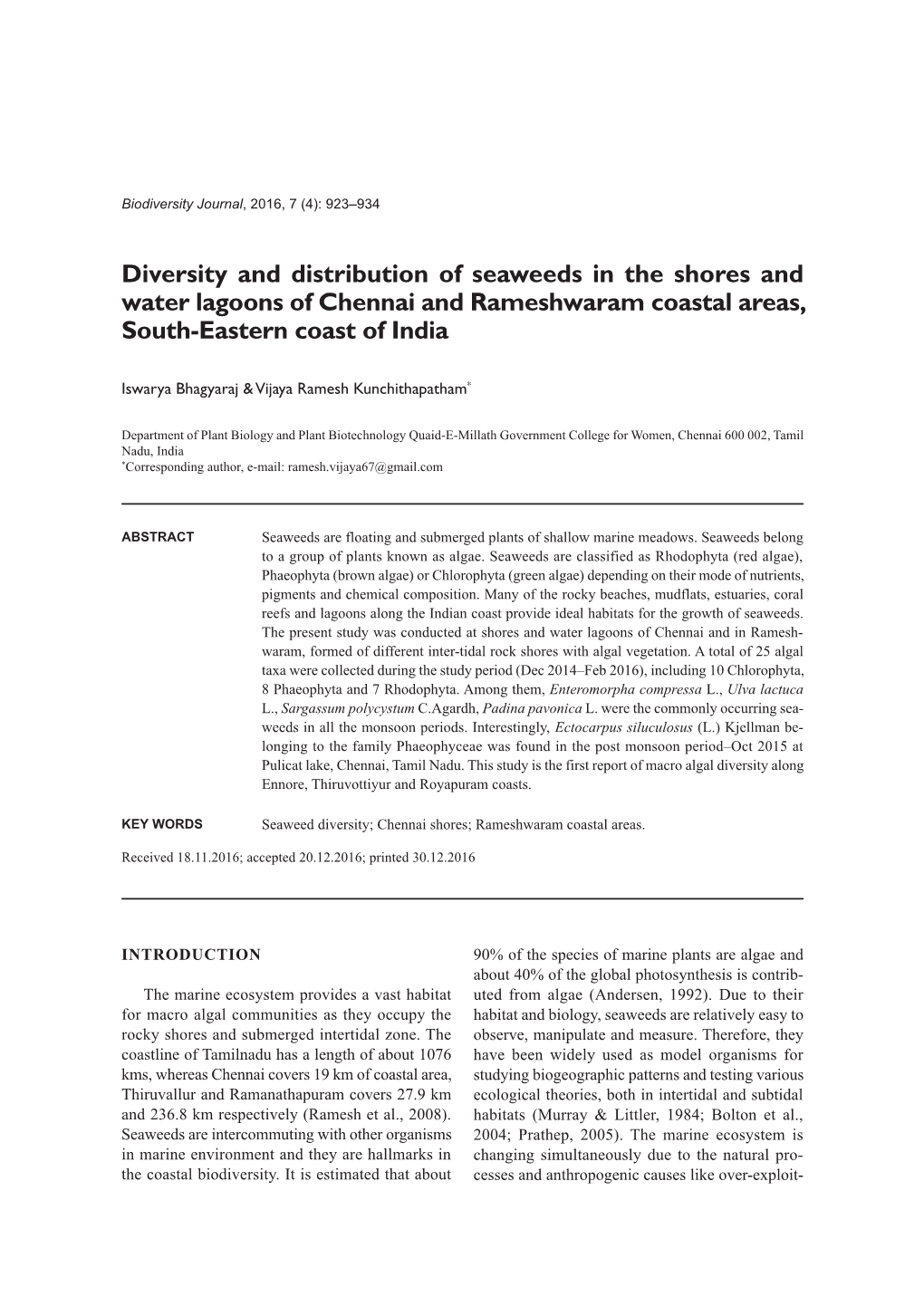 Diversity and Distribution of Seaweeds in the Shores and Water Lagoons of Chennai and Rameshwaram Coastal Areas, South-Eastern Coast of India