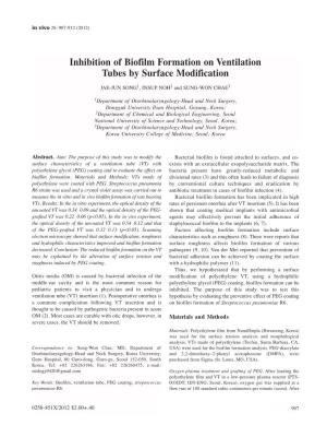 Inhibition of Biofilm Formation on Ventilation Tubes by Surface Modification