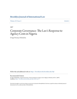 Corporate Governance: the Law's Response to Agency Costs in Nigeria Dr