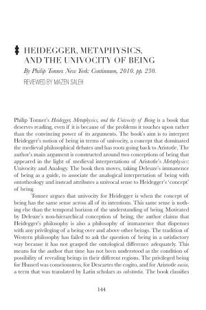 HEIDEGGER, METAPHYSICS, and the UNIVOCITY of BEING by Philip Tonner