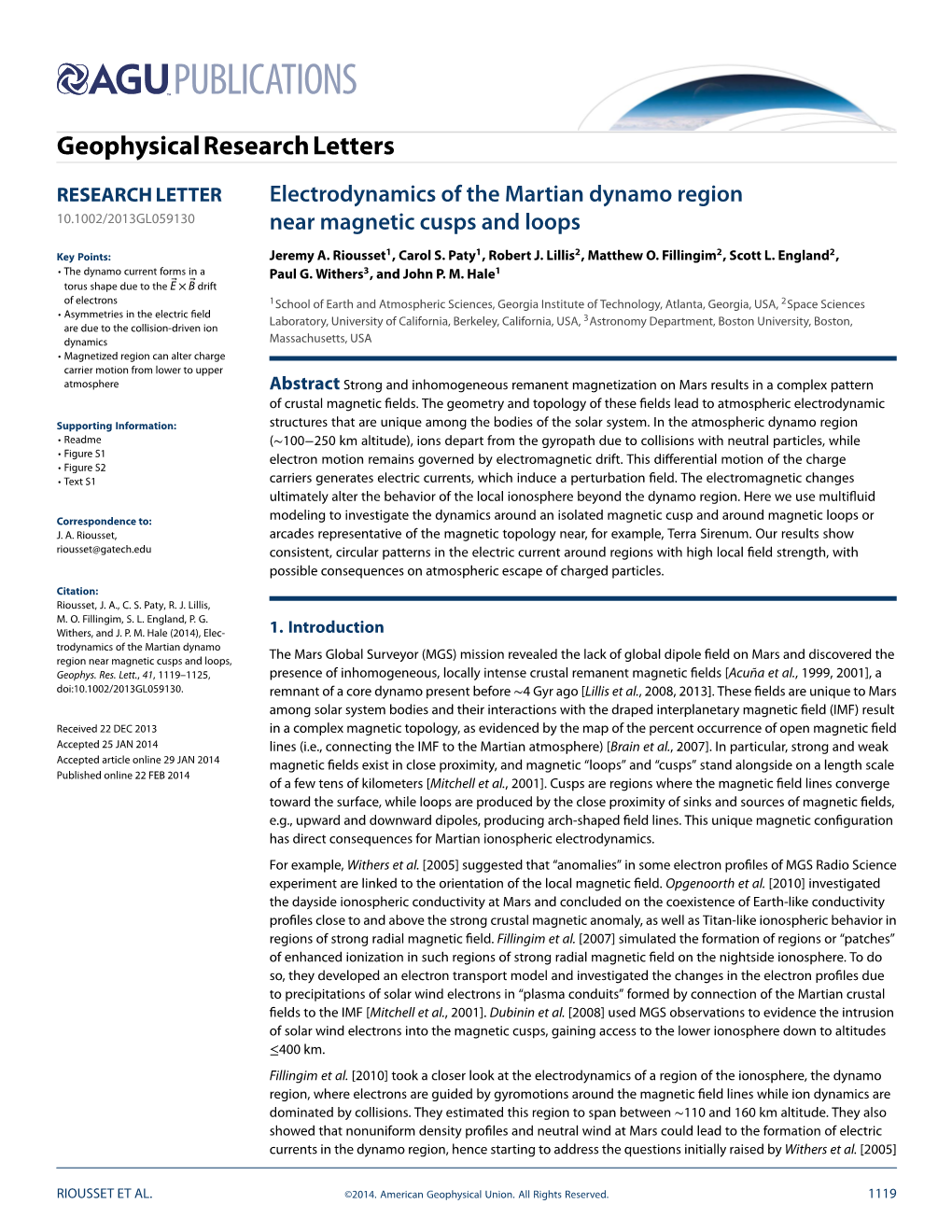 Electrodynamics of the Martian Dynamo Region Near Magnetic