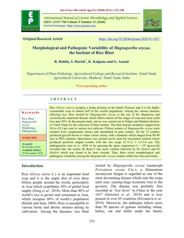 Morphological and Pathogenic Variability of Magnaporthe Oryzae, the Incitant of Rice Blast