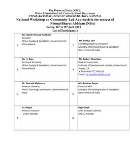 National Workshop on Community-Led Approach in the Context of Nirmal Bharat Abhiyan (NBA) During- 16Th to 18Th April, 2013 List of Participant’S Mr