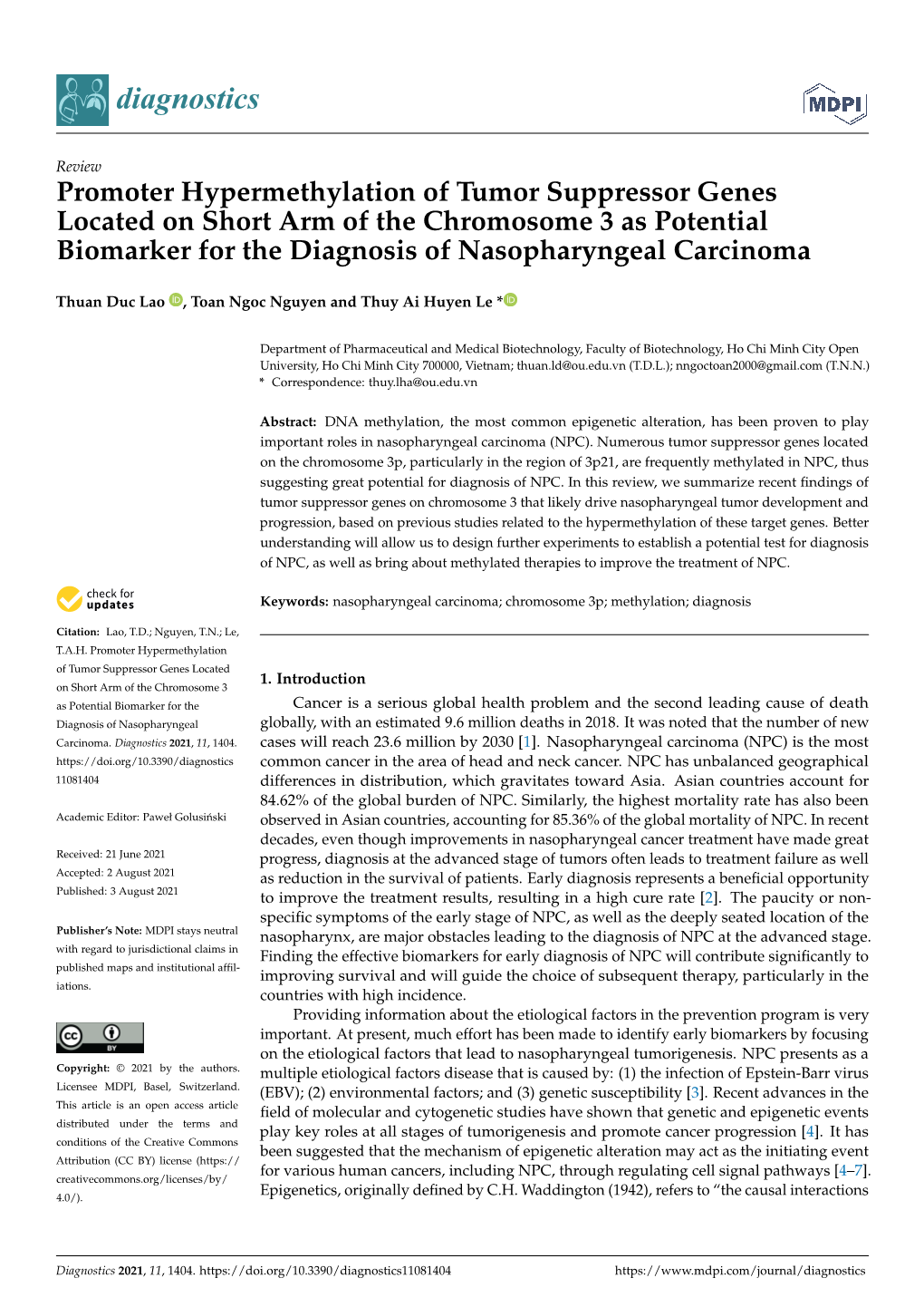 Promoter Hypermethylation of Tumor Suppressor Genes Located on Short Arm of the Chromosome 3 As Potential Biomarker for the Diagnosis of Nasopharyngeal Carcinoma