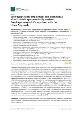 Early Respiratory Impairment and Pneumonia After Hybrid Laparoscopically Assisted Esophagectomy—A Comparison with the Open Approach