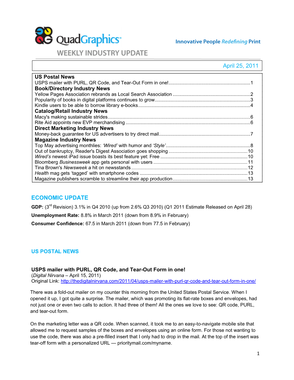 ECONOMIC UPDATE April 25, 2011