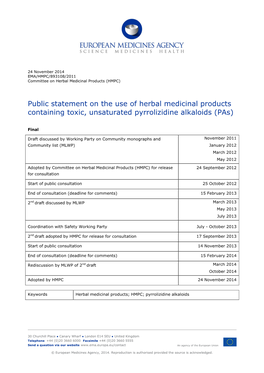 Public Statement on the Use of Herbal Medicinal Products Containing Toxic, Unsaturated Pyrrolizidine Alkaloids (Pas)