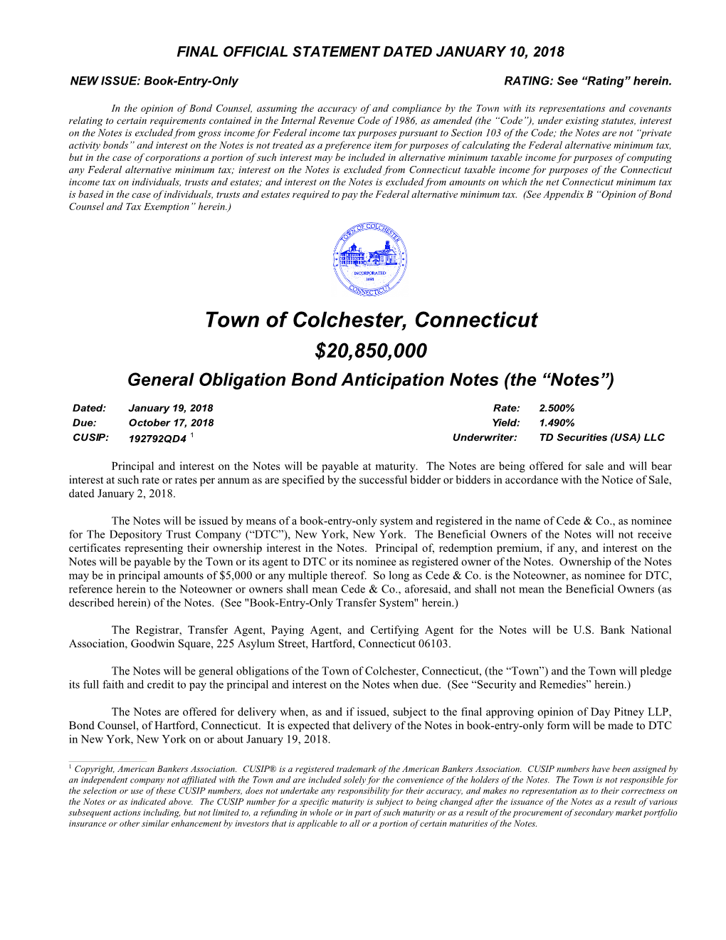 Town of Colchester, Connecticut $20,850,000 General Obligation Bond Anticipation Notes (The “Notes”)