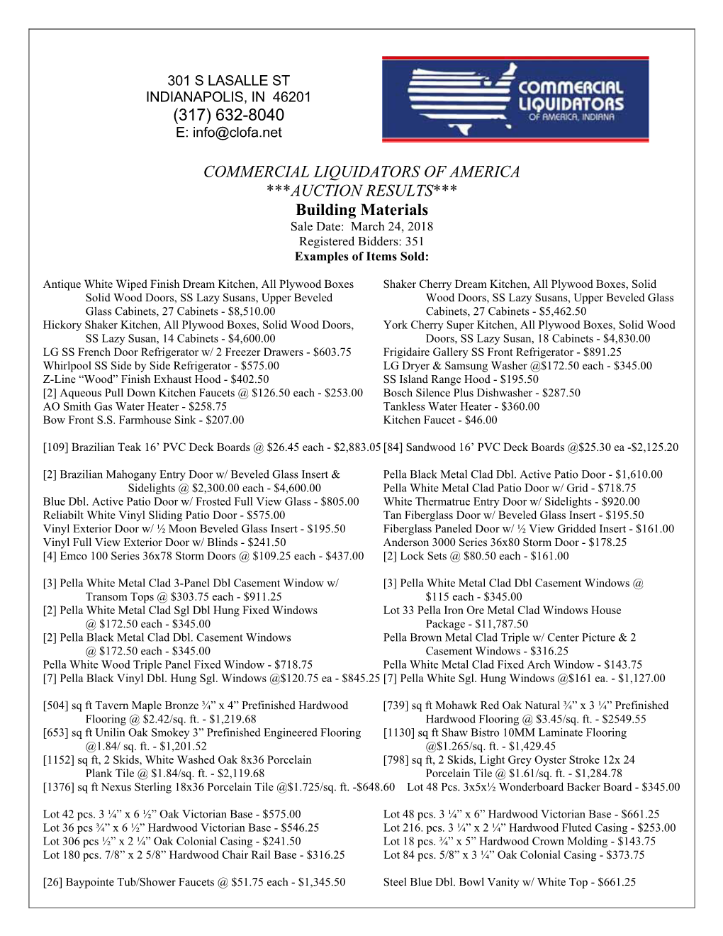 COMMERCIAL LIQUIDATORS of AMERICA ***AUCTION RESULTS*** Building Materials Sale Date: March 24, 2018 Registered Bidders: 351 Examples of Items Sold