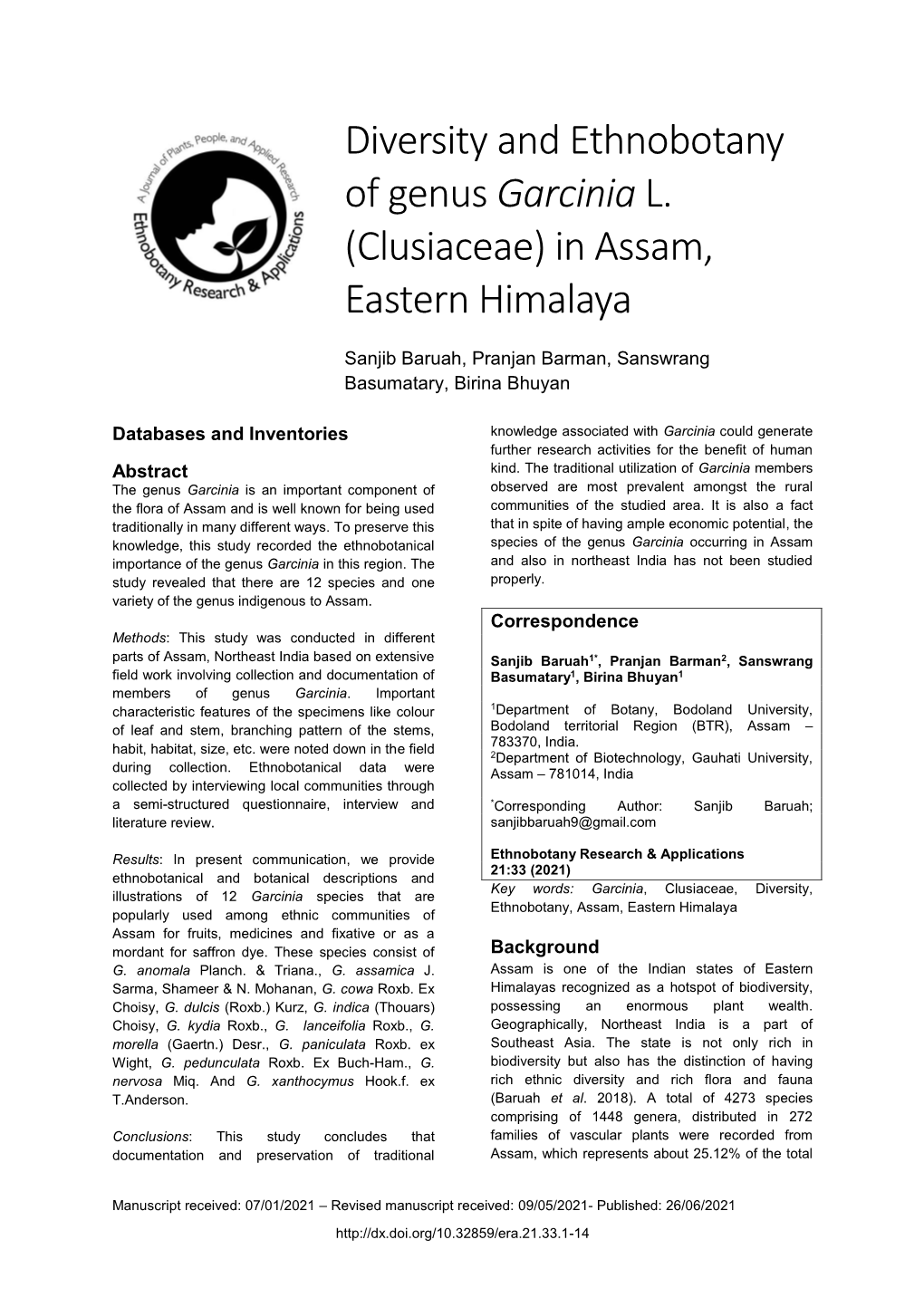 Diversity and Ethnobotany of Genus Garcinia L. (Clusiaceae) in Assam