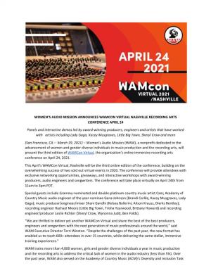 WOMEN's AUDIO MISSION ANNOUNCES WAMCON VIRTUAL NASHVILLE RECORDING ARTS CONFERENCE APRIL 24 Panels and Interactive Demos Led B