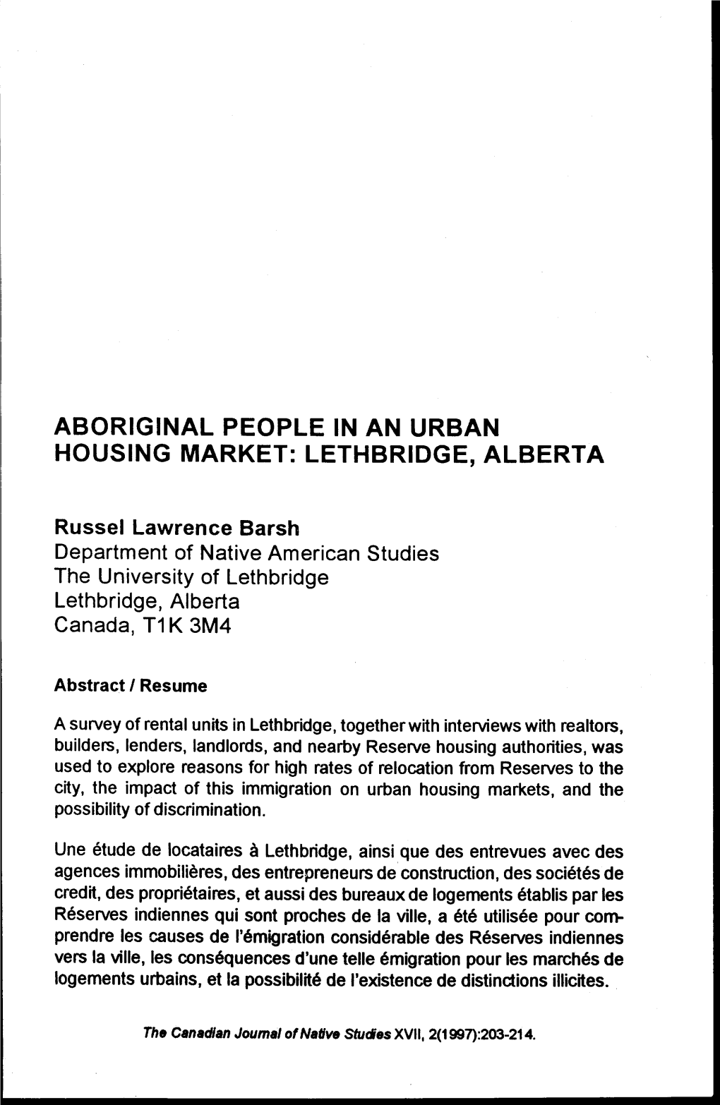 Aboriginal People in an Urban Housing Market: Lethbridge, Alberta
