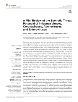 A Mini Review of the Zoonotic Threat Potential of Influenza Viruses, Coronaviruses, Adenoviruses, and Enteroviruses