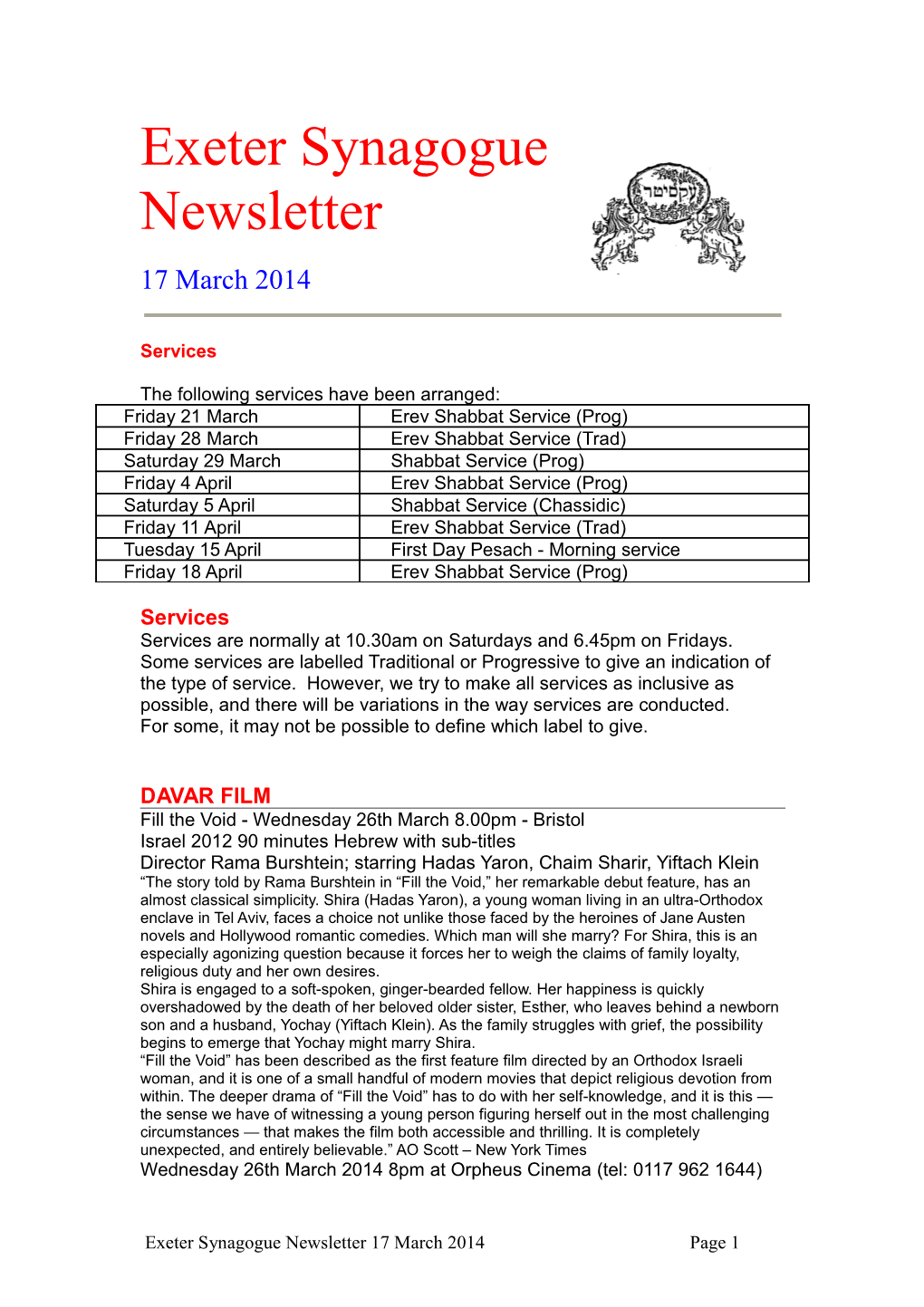 Exeter Synagogue Newsletter 17 March 2014