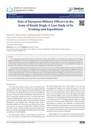 Role of European Military Officers in the Army of Ranjit Singh: a Case Study of Its Training and Expeditions