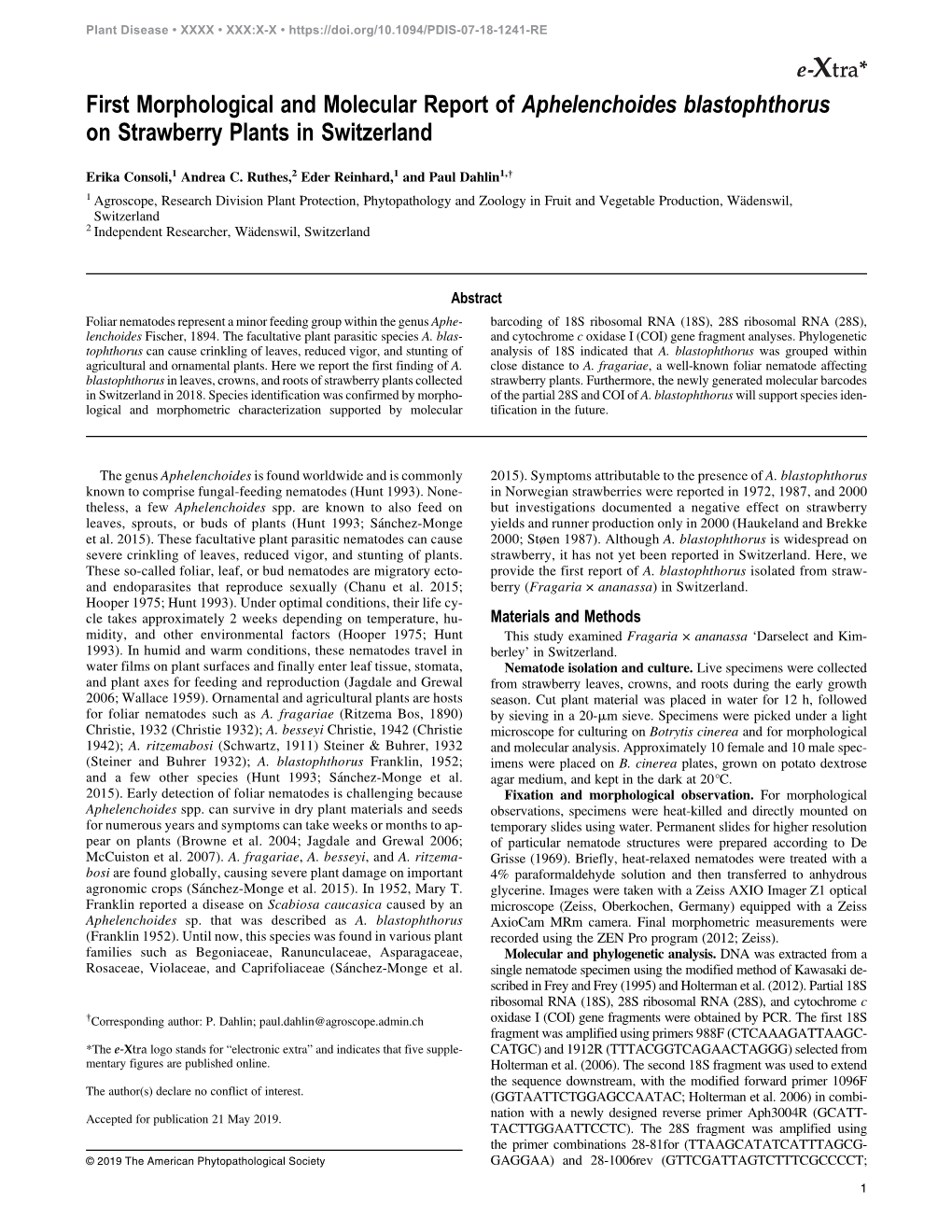 First Morphological and Molecular Report of Aphelenchoides Blastophthorus on Strawberry Plants in Switzerland