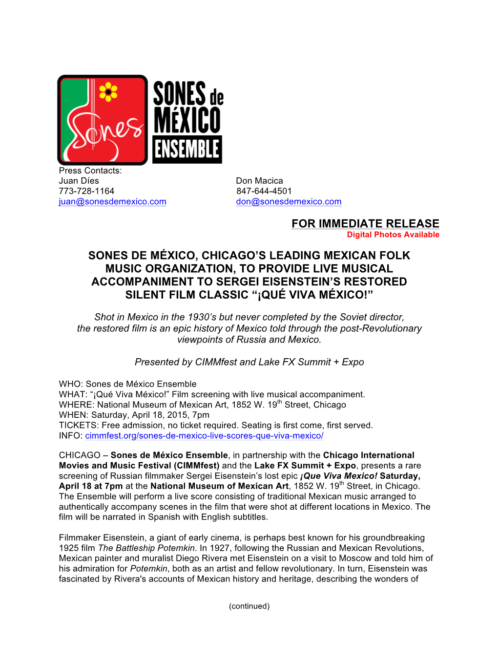 Press Release Que Viva Mexico Final