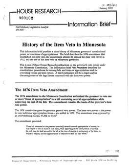 History of the Item Veto in Minnesota