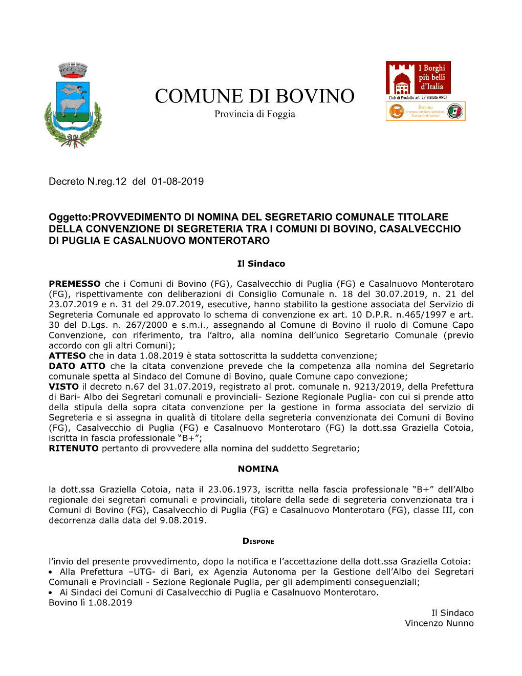 COMUNE DI BOVINO Provincia Di Foggia