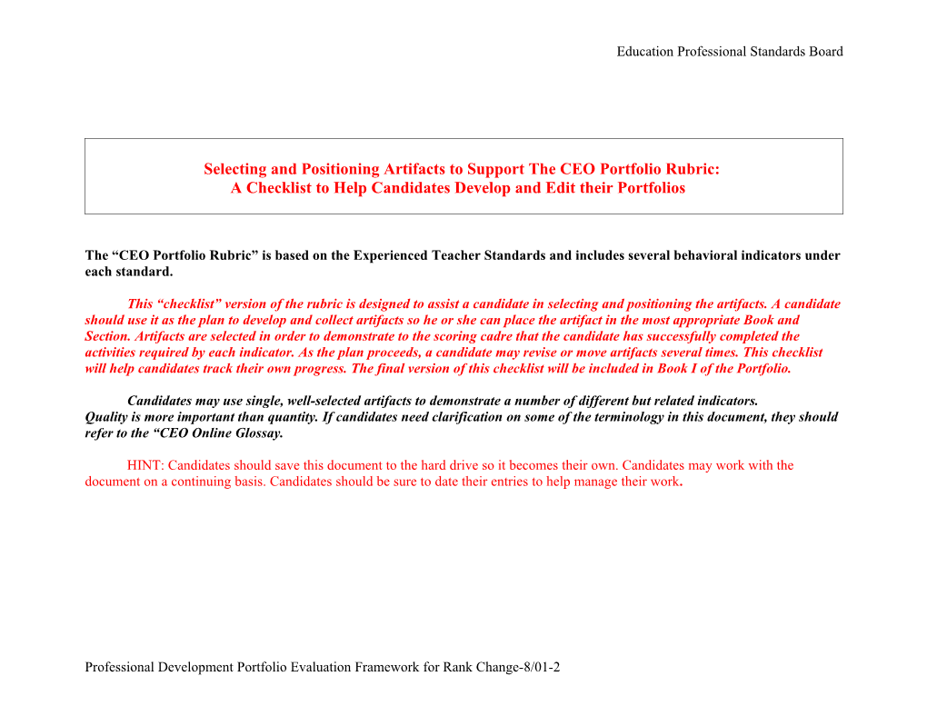 Selecting and Positioning Artifacts to Support the CEO Portfolio Rubric