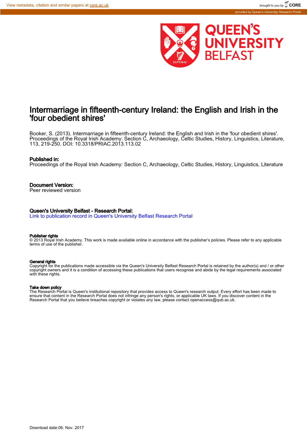 Intermarriage in Fifteenth-Century Ireland: the English and Irish in the 'Four Obedient Shires'