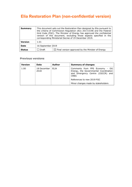 Elia Restoration Plan (Non-Confidential Version)