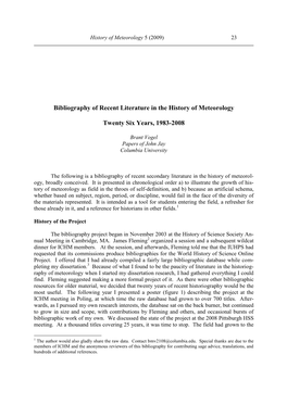 Bibliography of Recent Literature in the History of Meteorology Twenty Six Years, 1983-2008