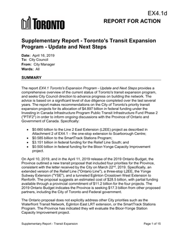 Supplementary Report - Toronto's Transit Expansion Program - Update and Next Steps
