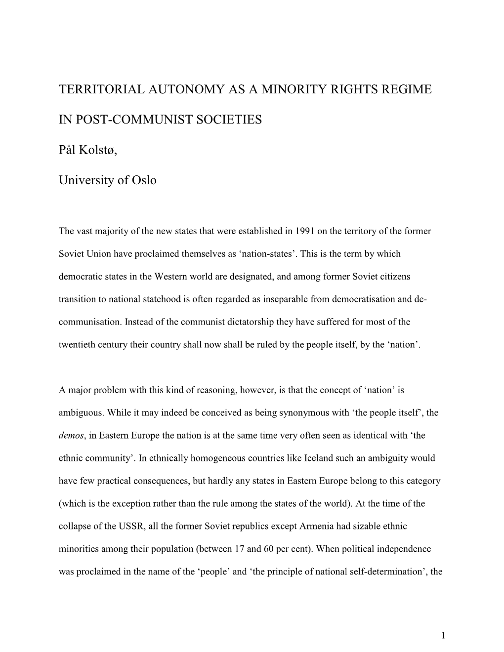 Territorial Autonomy As a Minority Rights Regime In