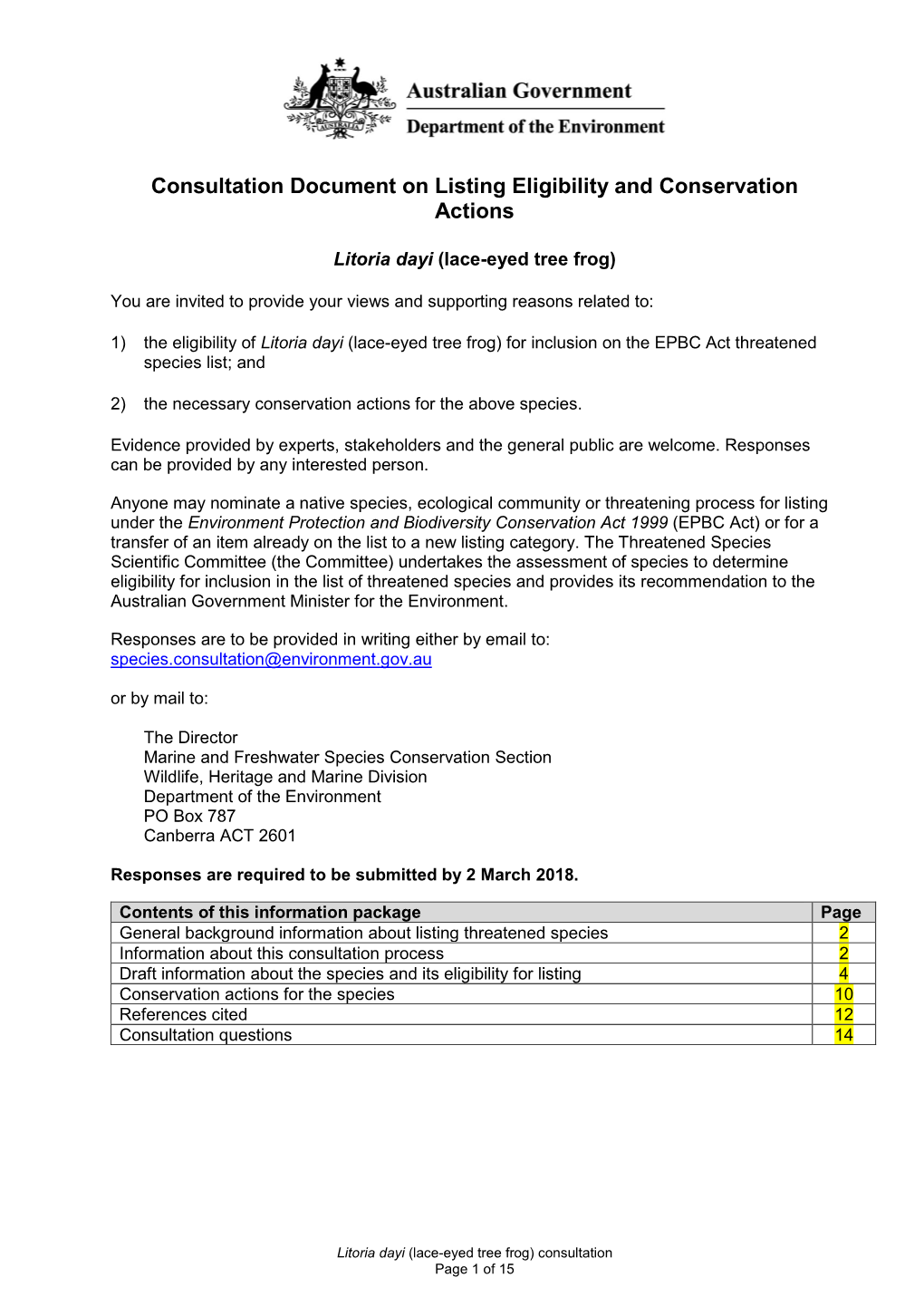 Consultation Document on Listing Eligibility and Conservation Actions Litoria Dayi