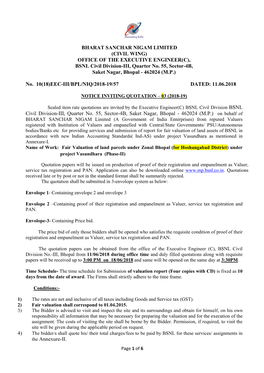 BHARAT SANCHAR NIGAM LIMITED (CIVIL WING) OFFICE of the EXECUTIVE ENGINEER(C), BSNL Civil Division-III, Quarter No